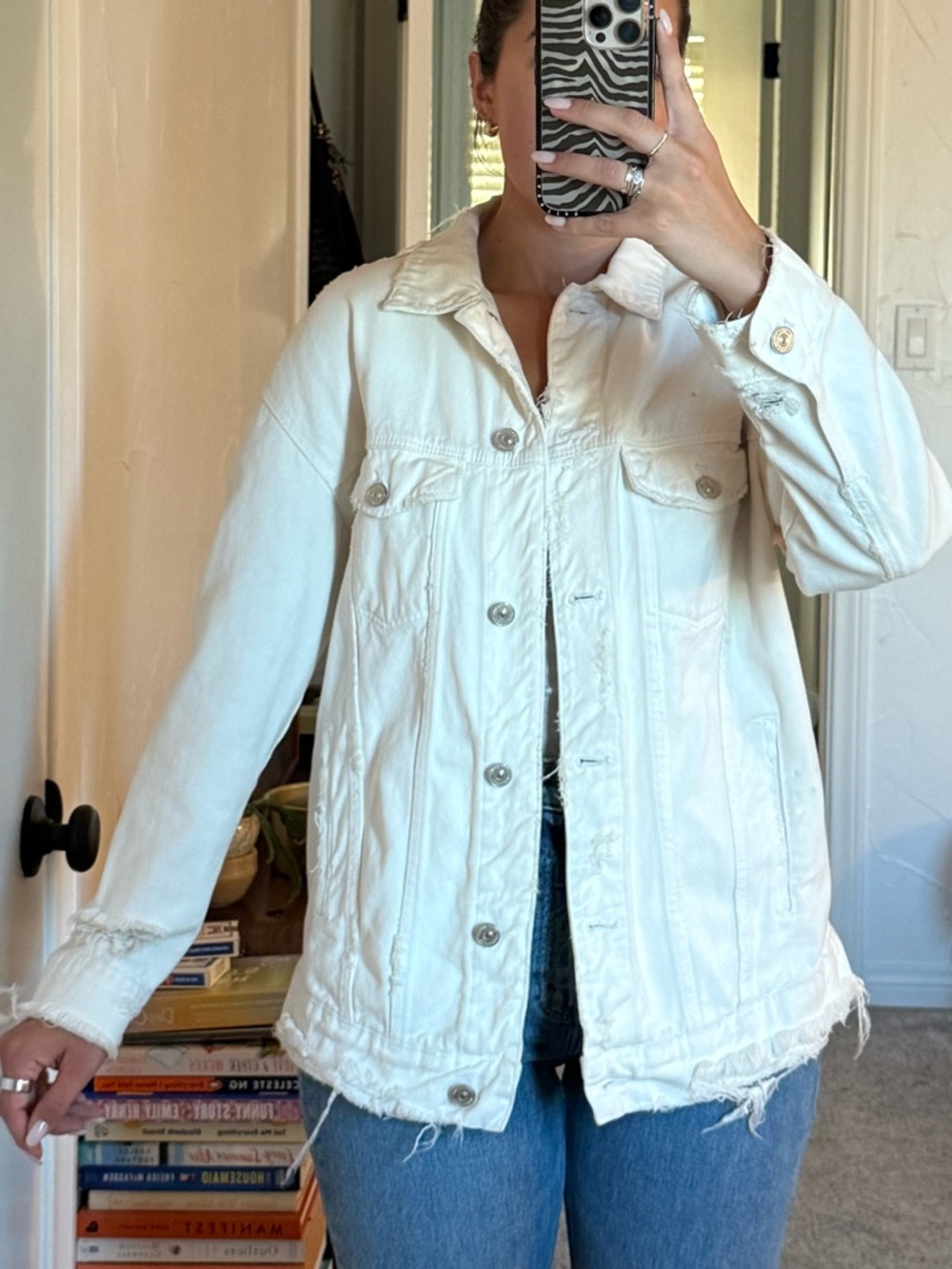 White Distressed Denim Jacket - Women's